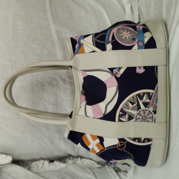 Gorgeous Nautical Print Leather Trim Summer bag! - Picture 1 of 15